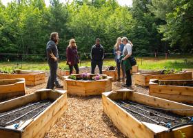 NMU faculty and students meet with WALDEN facilities lead Kile Zuidema (partially hidden). Visible from left: Lucas, Donna Maki, student interns Boyke-Johnson and Weinmann, and Kolasa.