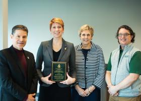 (from left): Interim Provost Dale Kapla, Christi Edge, Interim President Kerri Schuiling and Joe Lubig, associate dean and director of Education, Leadership and Public Service.