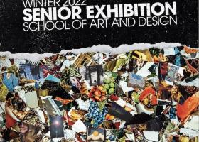 Image: Detail of poster featuring a collage of different colorful artworks. Design by Cody Marecek.