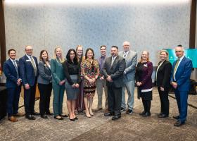 (From left): Trustee Jason Morgan, Chair Steve Young, Trustees Lisa Fittante and Missie Holmquist, BOT award winners Chavez-Rhoades, Gage, Line, Lippert and Goss, Trustees Greg Seppanen and Tami Seavoy, Vice Chair Alexis Hart and Trustee Robert Mahaney