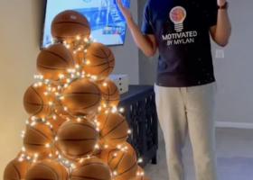 Murphy with a basketball Christmas tree