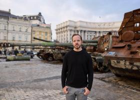 Kyiv’s St. Michael’s Square, where destroyed Russian military equipment is displayed. Maki said such exhibits have been created around the world to offset Russian disinformation about no war actually happening or that losses are minimal. (David Neparidze photo)