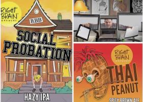 Young in his studio and two of the labels he designed.