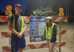 Luke Childs and Anna Hill on duty during the salamander migration at Presque Isle Park.