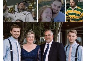 (Top): Carson Needham in NMU bands and with girlfriend Lauren Mauser. Bottom: Charley, Cristy, Dave and Carson Needham at a family wedding.