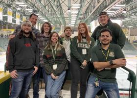 The award-winning crew (from left): Cross Lakenen (camera), Mike Lakenen (Producer/Director), Joe Sigourney (camera), Megan Tarcea (graphics/audio), Andrew Hoover (camera), Ava Moilanen (camera), Mike Cudahy (back, camera), and Adam Diaz (front, replay). Not pictured: Kenzie Harrod (camera shading)