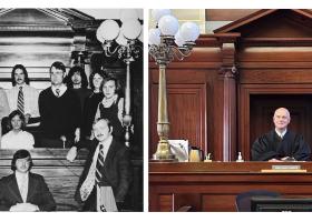 Charles "Chuck" Johnson is pictured lower left in the 1975 yearbook photo and as a presiding judge in the same courtroom earlier this month. The yearbook photo shows (front row L to R): Johnson, president of the Pre-Law Society; John Rogers; and Doug Courtney. Back Row L-R: Jeff Swarbich, vice president; Dennis Baldinelli; Greg Rose; Liz Polloch, Secretary; Dick Ralph; Dr. John Ashby, Adviser; Larry Ziehm; Jeff Wellman; and Dave Reinhard.