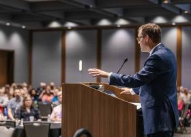 Tessman delivers his first convocation in the Northern Center ballrooms.