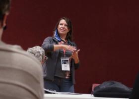 Playwright Karen Saari at a rehearsal (FIM photo)