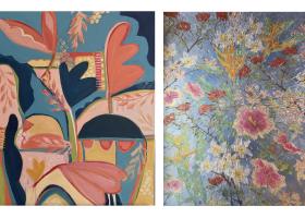(From left): Catherine Benda, "Interior Concepts," 2023, acrylic; and Carrie Flaspohler VanderVeen, "Profusion," 2023, gouache on paper