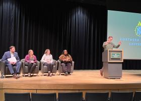 President Brock Tessman introduces presenters (from left): Jeff Korpi, Kari Garcia, Jes Thompson and Shawnrece Campbell