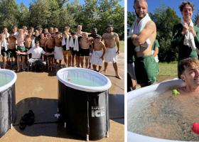 Left photo: Mann (center front) with the team behind the ice tubs. Right: a player "chills" as teammates watch