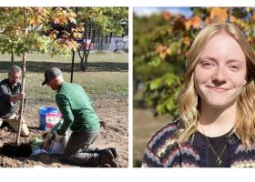 Left: Andy Smith and Dave Raudio plant a tree during the grand opening. Right: Native plant intern Grace Freed in front of the nursery's new planting, a fall fiesta sugar maple
