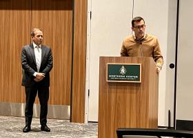 President Brock Tessman (right) and Gavin Leach at the forum