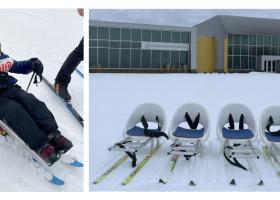 Oskar on a borrowed sit-ski at the Noque (Melissa Alan photo); and the four new sit-skis built at NMU for the SSC (Kevin Carr photo).