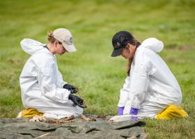 Harris (left) with Dr. Carolyn Isaac of MSU, collaborating on the assessment of one of the victims.
