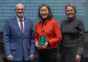 Lehmberg (center) with Rob Winn, dean of Arts and Sciences, and Provost Anne Dahlman