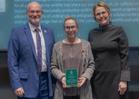 Associate Professor Diana Lafferty with Rob Winn, dean of Arts and Sciences, and Provost Anne Dahlman