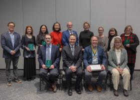 Attending award winners and administrators at the recognition event included (front from left): Michael Crum, Adam Naito, Paul Truckey and Liz Wuorinen. (Back from left): Steve VandenAvond, the mother of recipient Shaun Shepard (accepting on her behalf), Lin Fang, Zhuang-Zhong “Z.Z.” Lehmberg, Rob Winn, Anne Dahlman, Diana Lafferty, Carol Johnson and Cindy Basse.