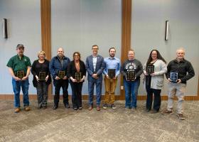 Excellence in Service Award recipients (from left): Dave Bohrer, Cara Kamps, Ken Love, Carley Leanes, Lucas Abromowitz, Andrea Hammond, Paul Ritari and Cam Hadley