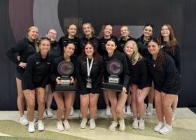 NMU Dance Team members with their trophies. Front Row: Abigail Luke, Audrey McIntosh, Allyson Smail, Erin Seiler, Keira Loranger and Jenna Filieri. Back Row: Fairyn Novak, Madeline Longson, Abigail Foskuhl, Lillian Anderson, Ava Hansen, Nina Osier, Tiffany Myres and Rilan Cope.