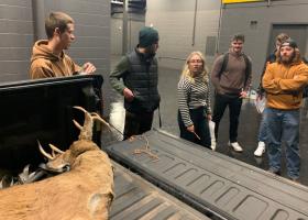 In one of several mock crime scenes that help NMU students learn how to investigate environmental crimes, this group examine a fake deer carcass loaded in the back of a hunter’s truck (Jeremy Sergey photo)..
