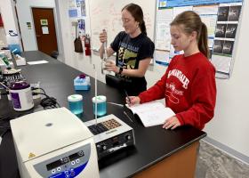 Undergraduate student Hosanna Brindle (left) and graduate student Mikaela Fairbanks in the LeBert Lab on the second floor of the Weston addition.