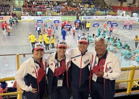 The USA delegation of athletic trainers at the World University Games (from left): Justine Coliflores, NMU alumna Abby Knight, Michael Hoang and Paul Alvarez.