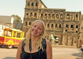 Locke in front of Roman Ruins in Trier, Germany (the country's oldest city)