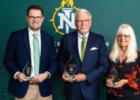 Award recipients (from left): Ian Lewis ('18 BS, '22 MPA) of Laurium, Outstanding Young Alumni; Dr. Peter LaPine ('76 MA) of East Lansing, Distinguished Alumni; and Barb Coleman ('77 BS, '81 MS) of Marquette, Alumni Achievement.