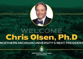 Graphic welcoming NMU's next president, Chris Olsen