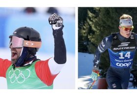 Baumgartner (left) celebrating gold in 2022; and Ketterson representing Team USA during the 10 k Classic in Toblach, Italy, as part of the 2026 Tour de Ski Photo: Vanzetta/NordicFocus)