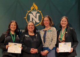 Pictured from left: Zoe Moreno, runnerup in the Winter Research Day 3MT competition; Sarah Amidon and Dr. Susy Ziegler of NMU Graduate Studies and Research; and Sarah O’Neill, winner of the 3MT first place and People's Choice awards.