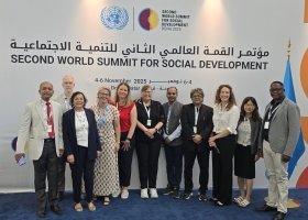 NMU Social Work faculty Karl Johnson (second from left), Vikash Kumar (fifth from right) and Caroline Cheng (second from right) with colleagues at the Second World Social Summit on Social Development, Doha, Qatar. Other participants included representatives the International Consortium for Social Development.