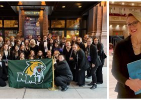 Colwitz (third row, far left) with the NMU Arts Chorale by the Carnegie marquee