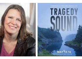 Playwright and NMU alumna Karen Saari, and a "Tragedy Sound" graphic