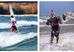 Lasak going vertical in fall waves; and adorned with ice after winter kayak surfing (James Lasak photos)