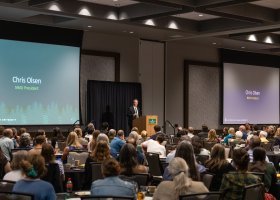 NMU President Chris Olsen delivers his first convocation address to a packed house in the Northern Center ballrooms.