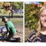 Left: Andy Smith and Dave Raudio plant a tree during the grand opening. Right: Native plant intern Grace Freed in front of the nursery's new planting, a fall fiesta sugar maple